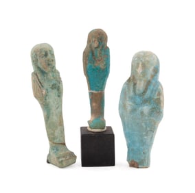 THREE EGYPTIAN STYLE SMALL USHABTI FIGURES