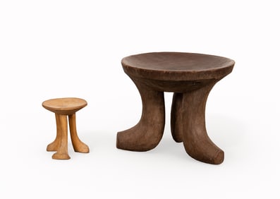 AFRICAN, TWO ETHIOPIAN CARVED WOOD TRIPOD STOOLS