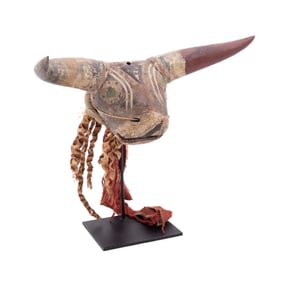 AFRICAN BIDJOGO POLYCHROME WOOD BULL MASK ON STAND