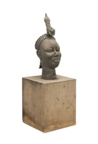 YORUBA PATINATED HEAD OF IFE ON STONE PEDESTAL