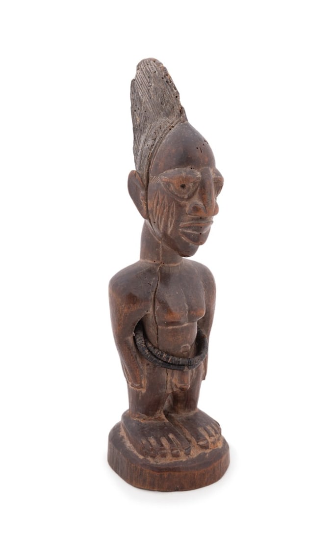 AFRICAN YORUBA IBEJI MALE CARVED WOOD FIGURE: African, Nigeria, Yoruba Peoples. Ibeji (twin figure) carved wood standing male figure with beaded belt, apparently unmarked. Note: Ahlers & Ogletree Auction Gallery gratefully acknowledges the expert