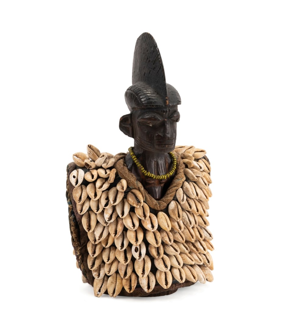 MALE TWIN IBEJI WOOD FIGURE WITH COWRIE SHELL CAPE (1 of 7)