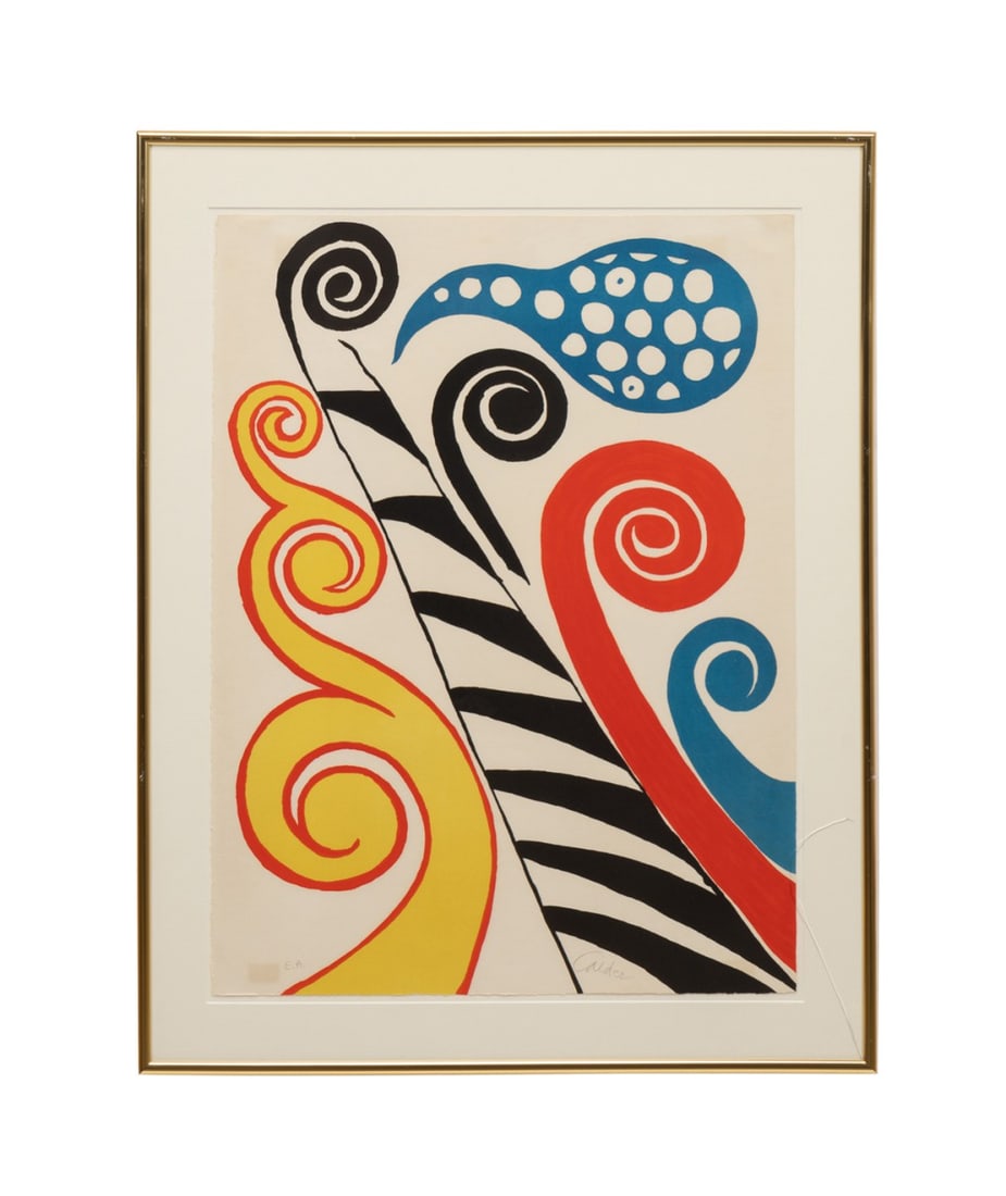 ALEXANDER CALDER 'FIESTA' 1973 COLOR LITHOGRAPH: Alexander Calder (American, 1898-1976). "Fiesta" - 1973, color lithograph on paper, signed "Calder" to LR, editioned E.A. to LL. Framed. Provenance: Private Collection of Judith Freedman, Marietta, GA
