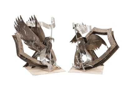 ROBERT CLEMENTS, 2 STEEL AMERICAN EAGLE SCULPTURES