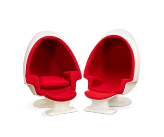 ATTRIB. LEE WEST, PAIR OF EGG CHAIRS & STOOLS