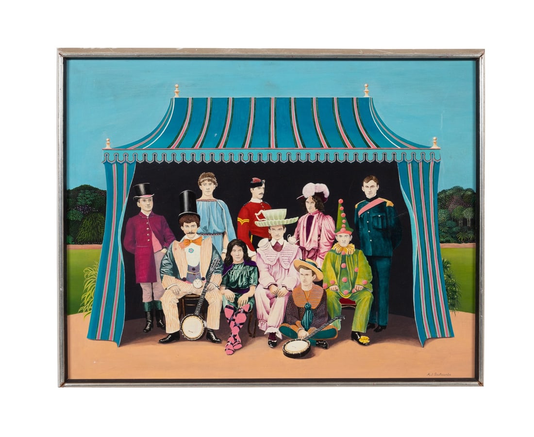 ANTHONY SOUTHCOMBE, FIGURES UNDER A TENT, OIL: Anthony Southcombe (United Kingdom, born 1942). Untitled - Figures Under a Tent, oil on board, signed to LR. Framed. Provenance: Private Collection of Michael Hoffman, Atlanta, GA. Approximate dimensi