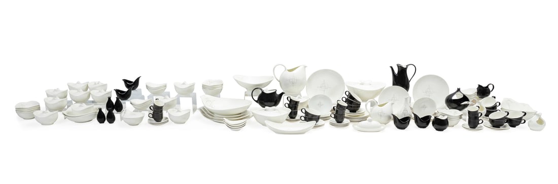 EVA ZEISEL FOR HALL, MCM DINNER SERVICE FOR 12: Eva Striker Zeisel (Hungarian / American, 1906-2011) for Hallcraft / Hall China Co. (American, 1903-2021). Extensive 157 piece assembled dinnerware service for 12 comprising, in "Fantasy" (pattern act