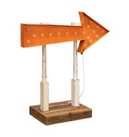 VINTAGE ORANGE PAINTED LIGHTED ARROW SIGN ON BASE