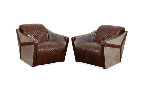 PAIR OF LEATHER & ALUMINUM AVIATOR CLUB CHAIRS