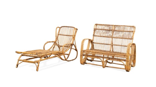 ITALIAN RATTAN SETTEE & CHAISE LOUNGE, MID-20TH C.