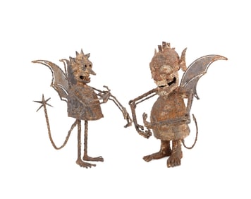 TWO BRUTALIST STYLE METAL DEMON SCULPTURES