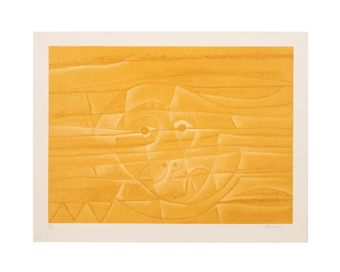 LEROY CLARKE, 'YELLOW MASK' LIMITED ED SCREENPRINT: LeRoy Clarke (American, 1938-2021), "Yellow Mask", 1977, lithograph on paper, numbered 133/150 LL, signed and dated lower right. Unframed. Approximate dimensions: h. 22", w. 28.375"