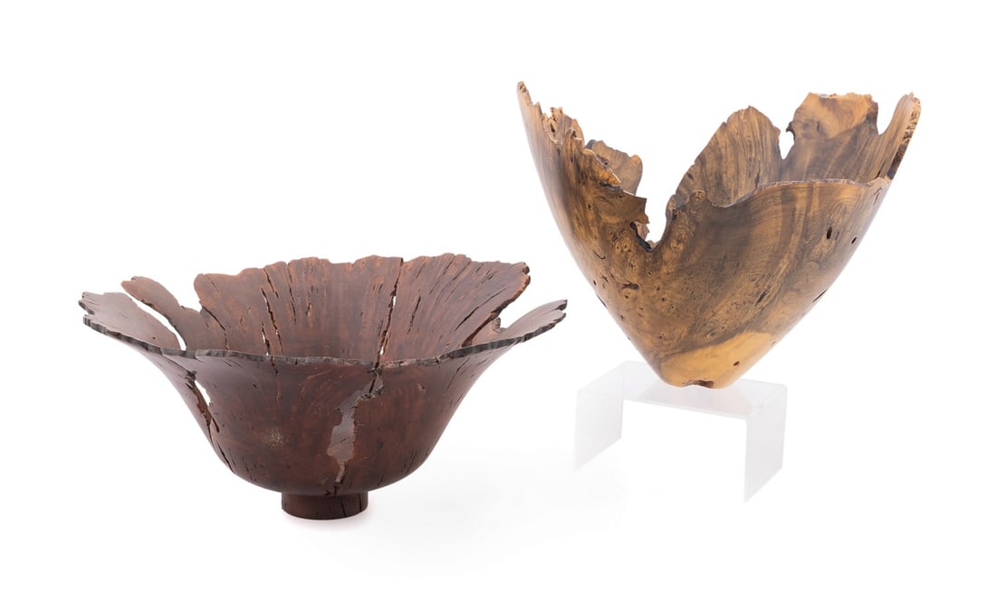 HAP SAKWA, 2 NATURAL EDGE TURNED WOOD BOWLS: Hap Sakwa (American, born 1950), 1983. Two lived edge turned wood bowls, comprising one Wild Lilac and one Buckeye, signed, dated, and wood type underside. Provenance: Private Collection of Sue and Mi