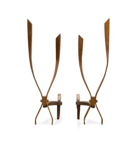 DONALD DESKEY, PAIR OF BRASS & IRON ANDIRONS