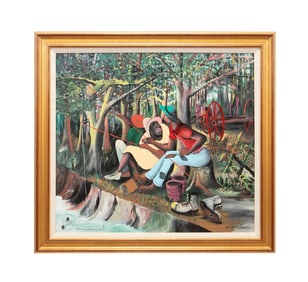 ARBON LANE FIGURAL FISHING SCENE FOLK ART PAINTING