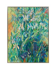 A. BRYAN, FLORAL IRIS LANDSCAPE OIL PAINTING