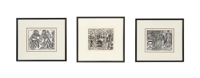 A. BRYAN, THREE FIGURAL B&W LINOCUT PRINTS