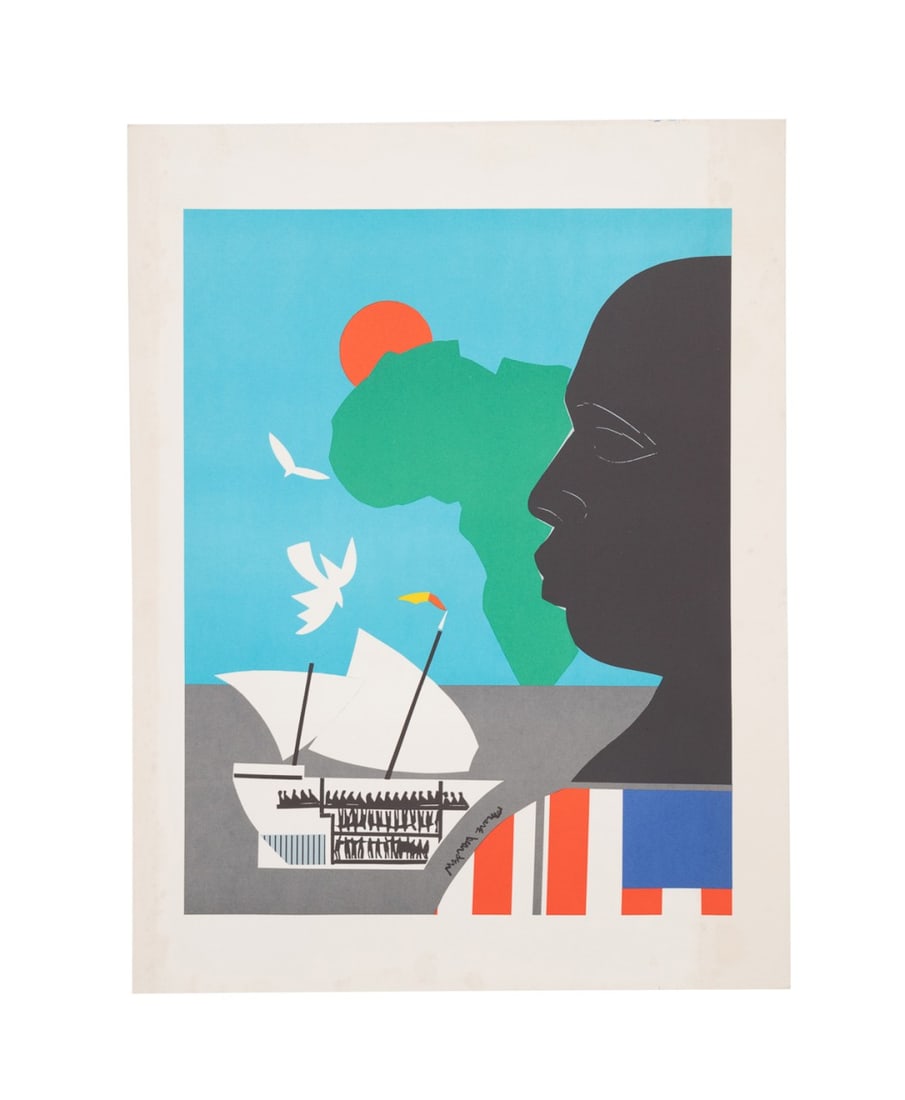 R. BEARDEN, UNSIGNED LITHOGRAPH FOR 'ROOTS': Romare Bearden (American, 1911-1988), "Roots"1977, lithograph, originally created for the mini series "Roots" in 1977. Unsigned, Unframed. Literature: Gelburd/Rosenberg GG#60 Approximate dimensions: i