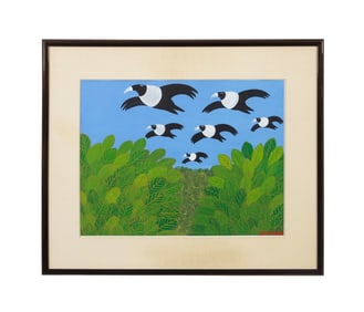 ZEPHIRIN, MAGPIES IN FLIGHT, GOUACHE ON PAPER