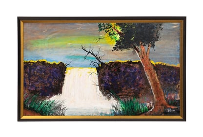CECIL BERNARD, WATERFALL LANDSCAPE SCENE, ACRYLIC