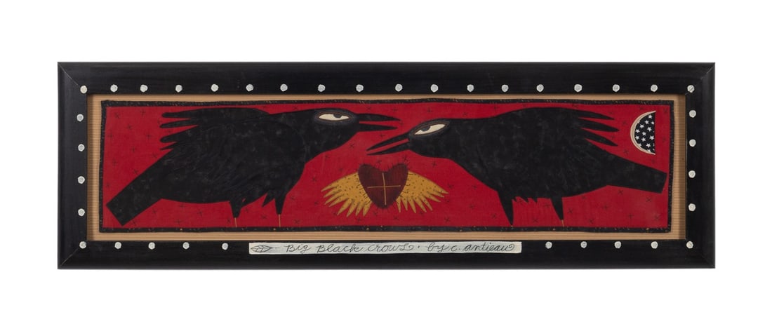 C. ANTIEAU, 'BIG BLACK CROWS' FABRIC COLLAGE: Chris Roberts Antieau (American, born 1950). "Big Black Crows" fabric collage, composed of mixed fabrics, applique, and embroidery. Framed in artist-painted frame, signature and title on frame. Proven