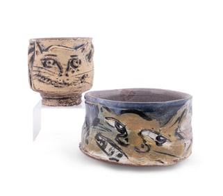 RON MEYERS, TWO CAT MOTIF GLAZED POTTERY VESSELS