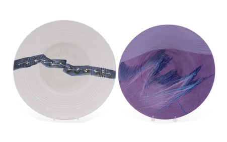 TWO STUDIO POTTERY PURPLE & WHITE CENTER BOWLS