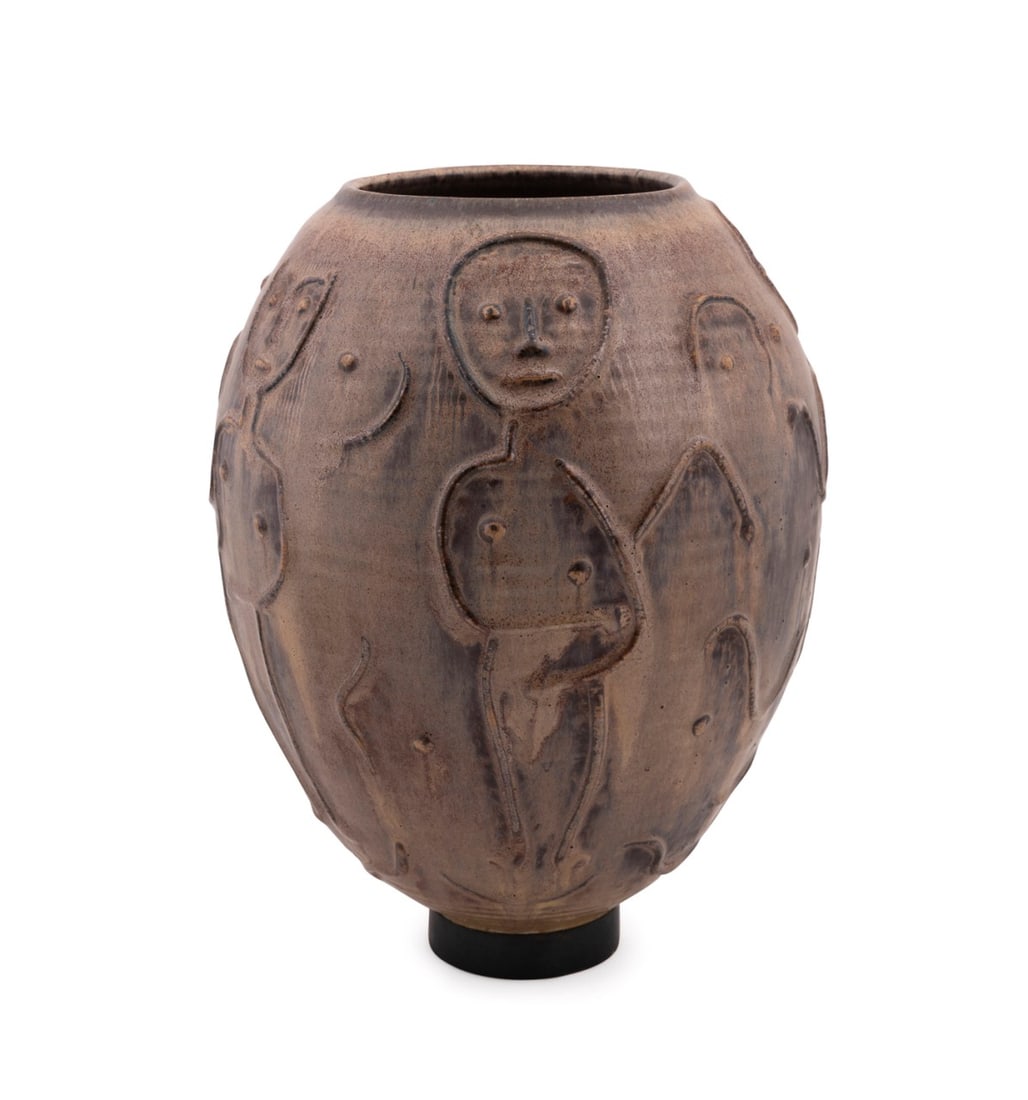 EDWIN & MARY SCHEIER FIGURAL STONEWARE VESSEL: Edwin Scheier (American, 1910-2008) and Mary Scheier (American, 1908-2007). Untitled - Figural Footed Vessel- undated (labels not removed to examine for date), glazed stoneware, copper, signed "Scheie