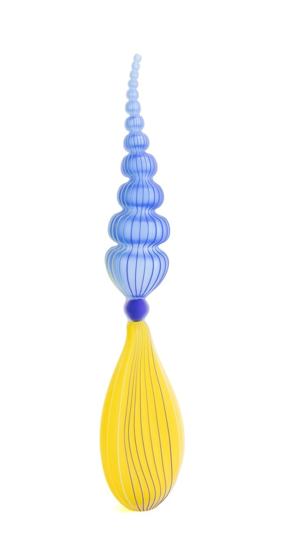JAY MACDONELL 'ARTICULATED' BULB GLASS SCULPTURE: Jay Macdonell (Canadian, born 1968). "Articulated" Saffron and Sky Blue Bulb, blown hot fused glass, apparently unsigned. Note: Acquired in Seattle, WA. Provenance: Private Collection of an Esteemed G