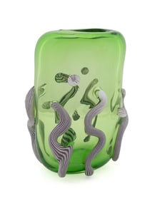 MELVIN ANDERSON GREEN VASE W/ BLACK & WHITE CURLS