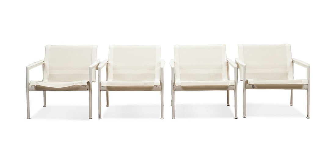 RICHARD SCHULTZ, 1966 COLLECTION, 4 LOUNGE CHAIRS: Richard Schultz (American, 1926-2021), 1990s-2012. Set of four 1966 collection outdoor lounge chairs, each having a white white powder coated aluminum frame and mesh upholstery, appropriately marked.