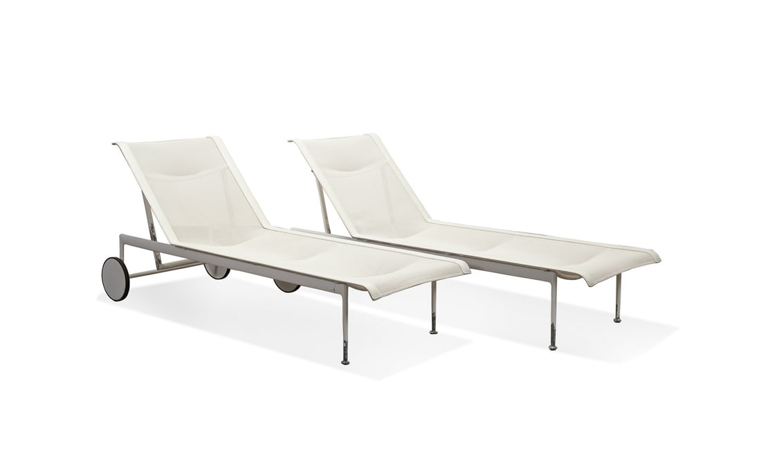 RICHARD SCHULTZ,1966 COLLECTION, PAIR OF CHAISES: Richard Schultz (American, 1926-2021), 1990s-2012. Pair of 1966 collection adjustable outdoor chaise lounges, each having a white powder coated aluminum frame and mesh upholstery, appropriately marked
