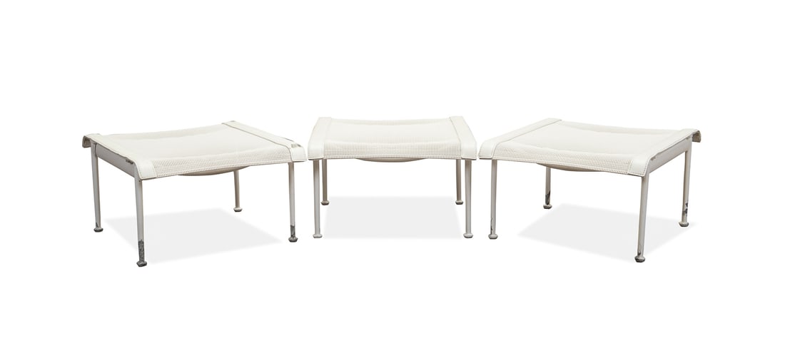 RICHARD SCHULTZ, 1966 COLLECTION, 3 OTTOMANS: Richard Schultz (American, 1926-2021), 1990s-2012. Set of three1966 collection outdoor ottomans, each having a white white powder coated aluminum frame and mesh upholstery, appropriately marked. Note: