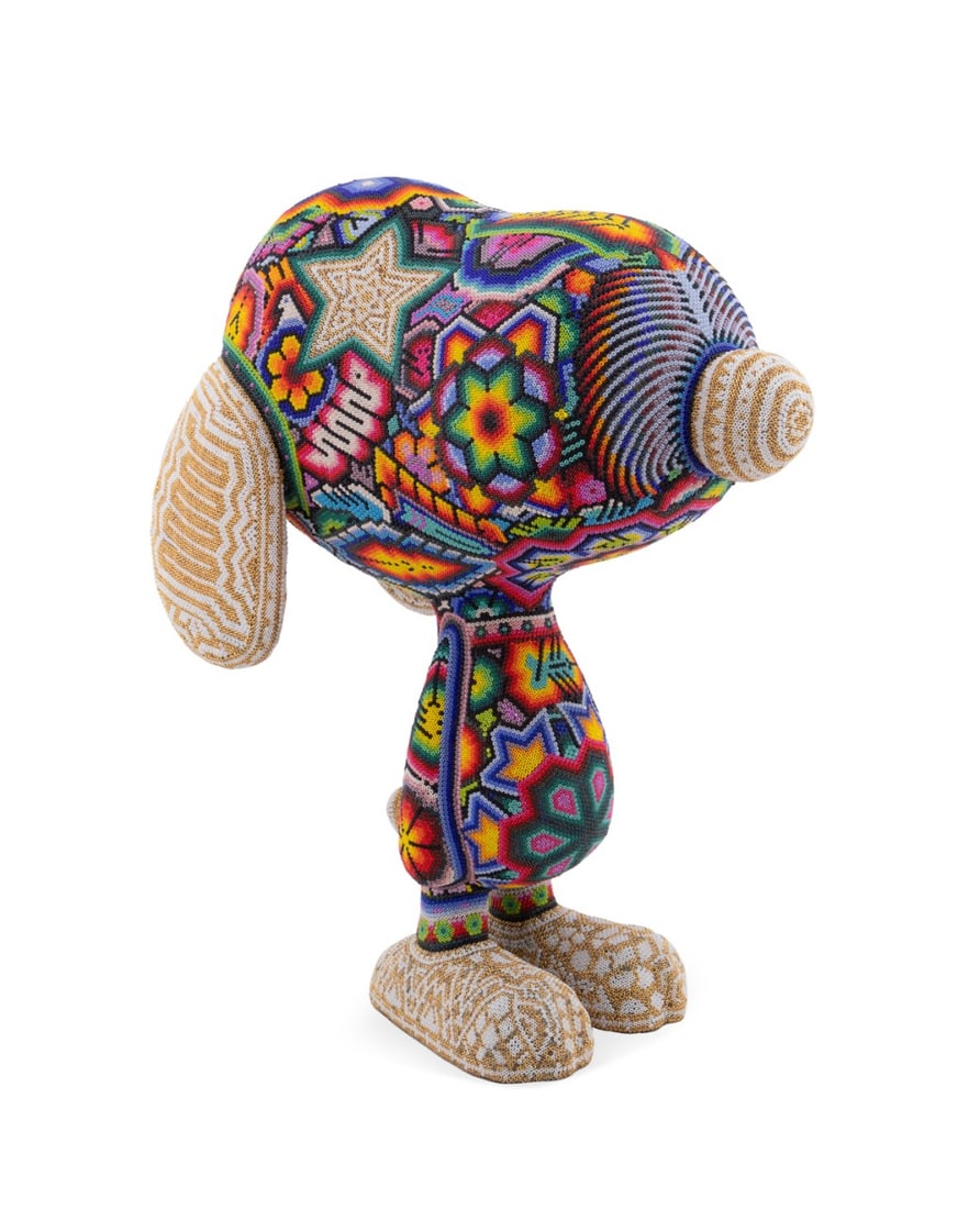 R. WOLFRYD (CHROMA), SNOOPY SCULPTURE, AP: Rick Wolfryd (CHROMA) (American, born 1953). "Snoopy" - 2025, Mexican Huichol polychrome glass beadwork, plastic, signed "CHROMA / aka / Rick / Wolfryd / "Snoopy" / AP 2022" to the underside. Note: A
