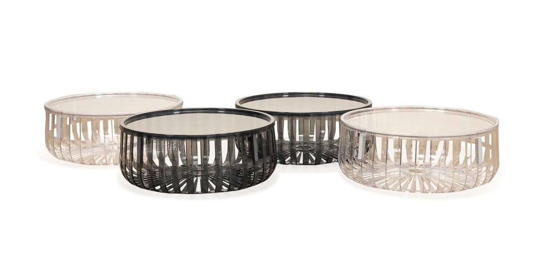 BOUROULLEC BROS. FOR KARTELL, 4 'PANIER' TABLES: Ronan & Erwan Bouroullec (French, founded 1998) for Kartell (Italian, founded 1949), contemporary. Set of four polycarbonate "Panier" tray tables in colorless and smoke, all appropriately marked. Appr
