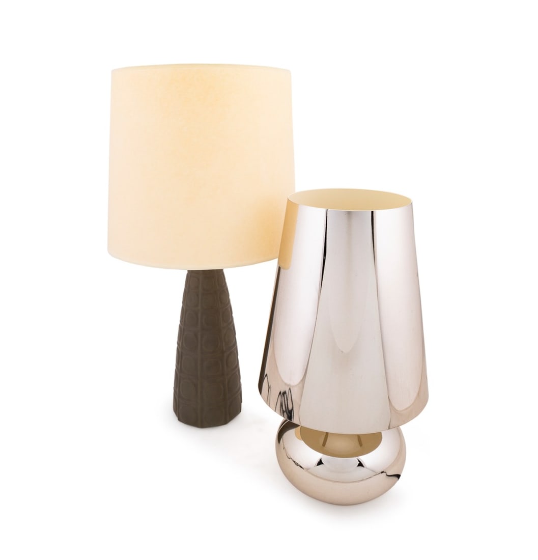 JONATHAN ADLER & KARTELL, TWO TABLE LAMPS: Group of two table lamps comprising a Jonathan Adler (American, founded 1993) ceramic lamp, 1990s, and a Ferruccio Laviani (Italian, 1960) for Kartell (Italian, founded 1949) metallic platinum finishe