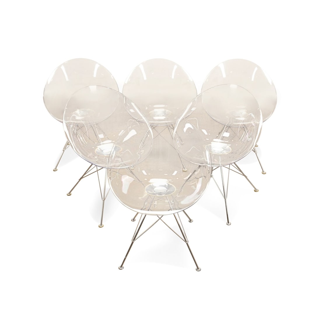 STARCK FOR KARTELL, 6 'ERO S' WIRE BASE CHAIRS: Philippe Starck (French, born 1949) for Kartell (Italian, founded 1949), contemporary. Set of six "Ero S" or "Eros" colorless polycarbonate chairs, each having a chrome wire base, appropriately marked