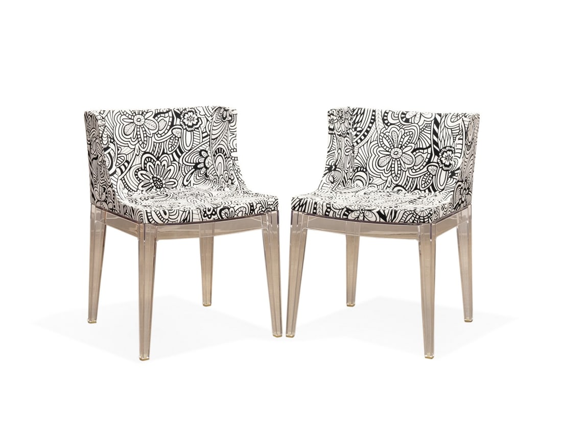 STARCK FOR KARTELL, PAIR OF "MADEMOISELLE" CHAIRS: Philippe Starck (French, born 1949) for Kartell (Italian, founded 1949), contemporary. Pair of "Mademoiselle" low armchairs, each having Missoni "Cartagena" pattern upholstery, and rising on tapered c
