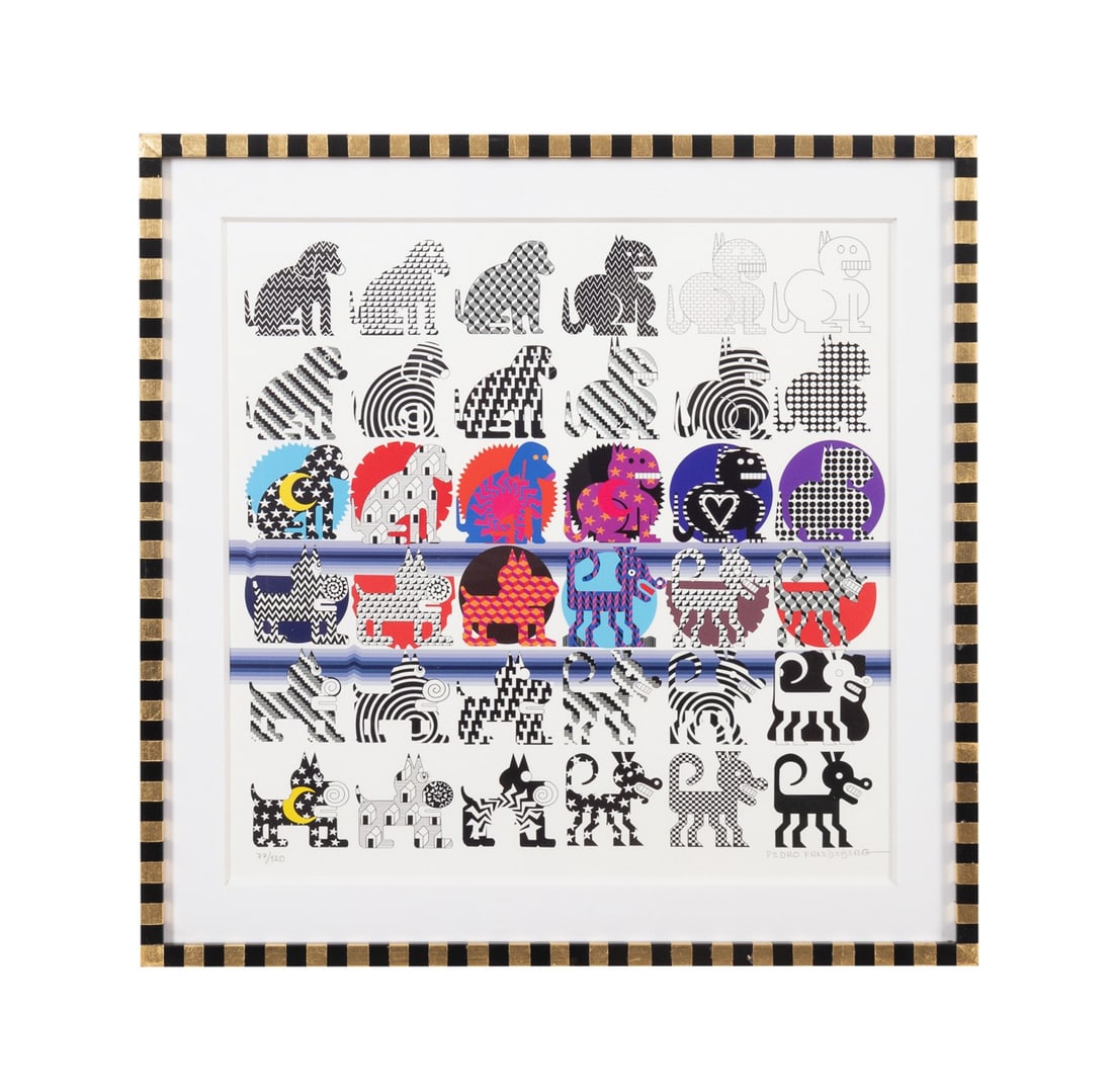 PEDRO FRIEDEBERG, '36 PERRITOS...' FRAMED PRINT: Pedro Friedeberg (Mexican / American, born 1936). "36 Perritos, Catalogo Canino", color print on paper, pencil signed to LR, numbered 77/120 to LL. Framed. Approximate dimensions: sight h. 23", w. 23"