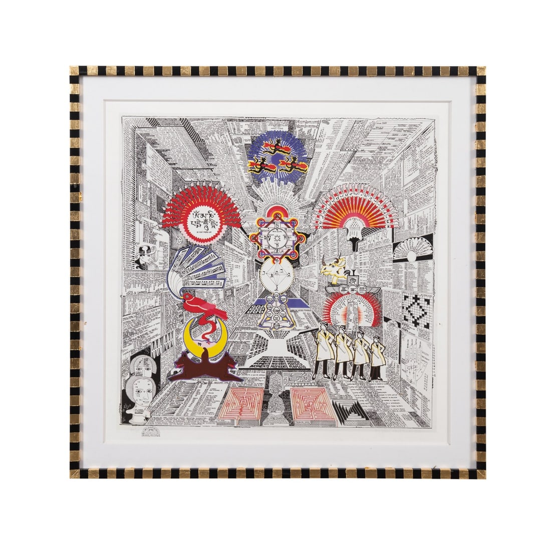 PEDRO FRIEDEBERG 'HAGALO Y DIVIERTASE' SERIGRAPH: Pedro Friedeberg (Mexican / American, born 1936). "Hagalo y Diviertase", color serigraph on paper, pencil signed to LR, artist's stamp and numbered 44/50 to LL. Framed. Approximate dimensions: image h