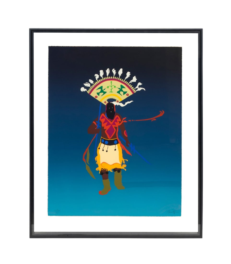 J. NIETO 'APACHE MOUNTAIN SPIRIT DANCER' PRINT: John Nieto (American, 1936-2018). "Apache Mountain Spirit Dancer" - 2013, screenprint on paper, pencil signed to LR, titled to LC, and numbered 40/90 to LL. Framed. Approximate dimensions: sheet h. 28