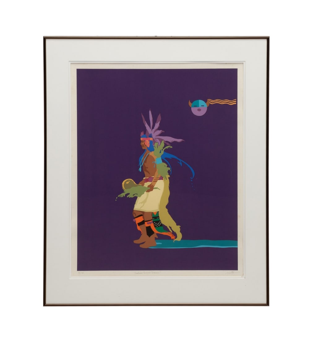 JOHN NIETO 'INDIAN DRUM DANCER' SERIGRAPH: John Nieto (American, 1936-2018). "Indian Drum Dancer" - 1985, serigraph on paper, pencil signed to LR, titled to LC, and numbered 75/90 to LL. Framed. Approximate dimensions: image h. 28", w. 22"; fr