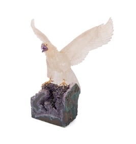 ROCK CRYSTAL CARVED EAGLE ON AMETHYST GEODE BASE