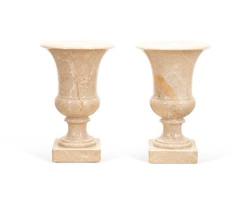 PAIR OF CREAM MARBLE CAMPAGNA-FORM FLOOR URNS