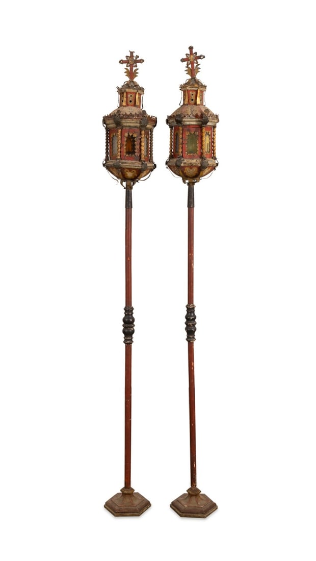PAIR OF ITALIAN POLYCHROME GONDOLA LANTERNS: Italian, 19th century. Pair of stamped iron polychrome decorated gondola or processional lanterns, now electrified, each of architectural form surmounted by a cross, on wooden pole, with separate iron