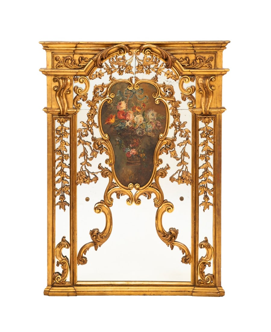 LOUIS XIV STYLE FLORAL GILTWOOD TRUMEAU MIRROR (1 of 3)