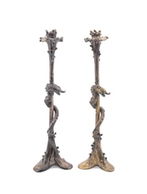 PAIR, ART NOUVEAU COILED DRAGON CANDLESTICKS