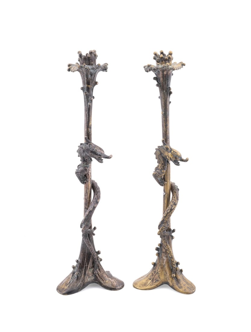 PAIR, ART NOUVEAU COILED DRAGON CANDLESTICKS: Art Nouveau. Pair of Asian inspired candlesticks with lily pad feet and coiled dragons around the stems, apparently unmarked. Provenance: Private Collection, Atlanta, GA. Approximate dimensions: h. 15