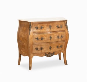 ROCOCO STYLE MARBLE TOP MARQUETRY BOMBE COMMODE