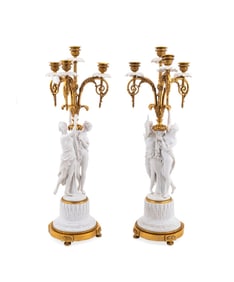 MANNER SEVRES, PAIR OF FIGURAL BISQUE CANDELABRA